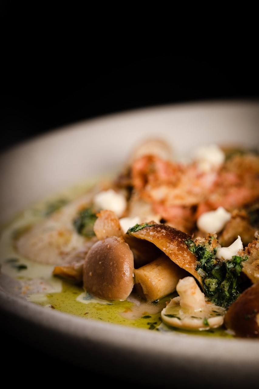 auteed Mushrooms with chicken vinaigrette, macadamias & sourdough crackers